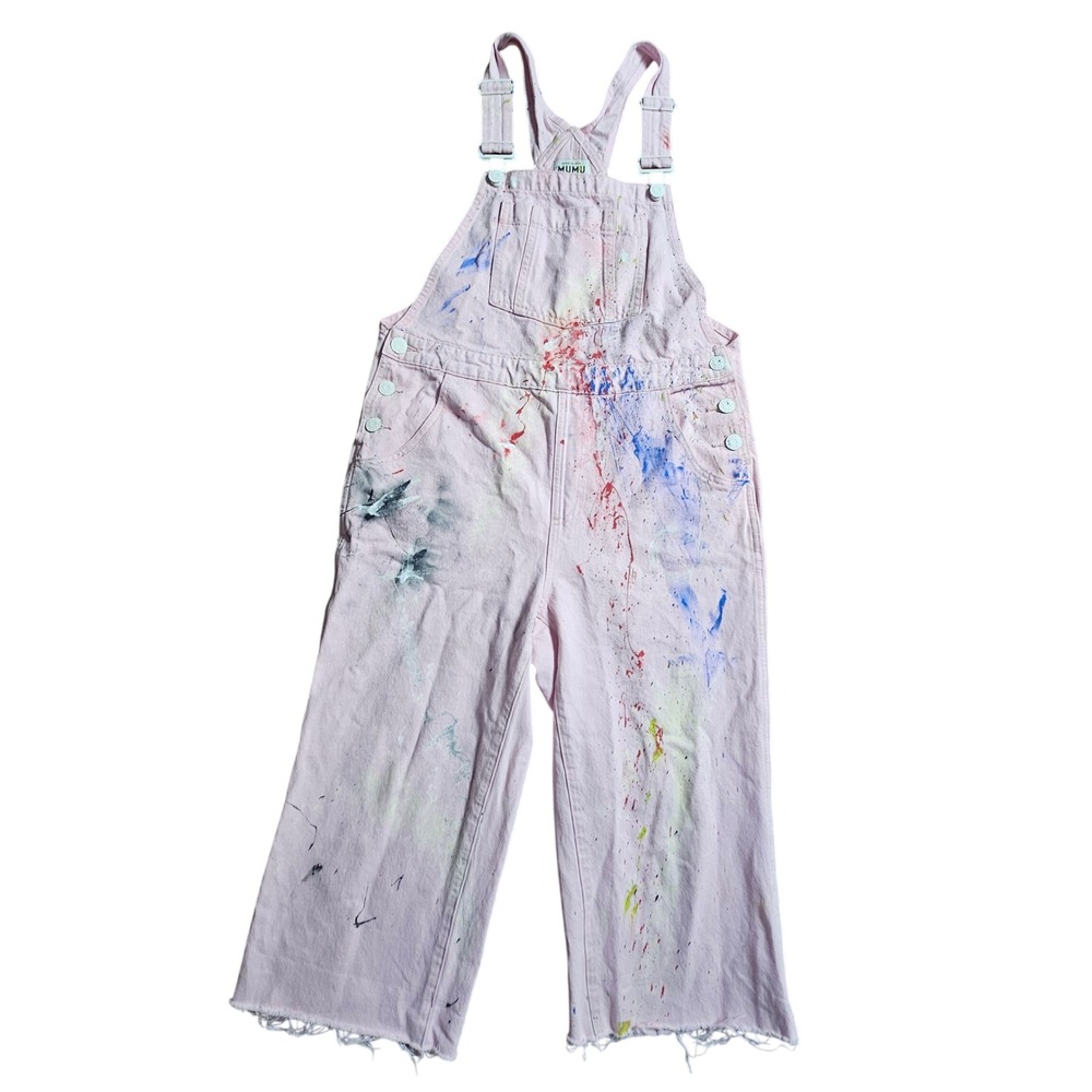 Show Me Your Mumu Marfa Overalls Paint Splatter Denim Wide Leg Pink S Streetwear